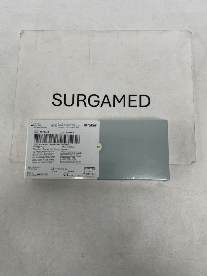 597143S - STRYKER - Omega3 Keyed Hip Plate, Standard Barrel 3H / 140 Degree / 63mm, (BX/1)
