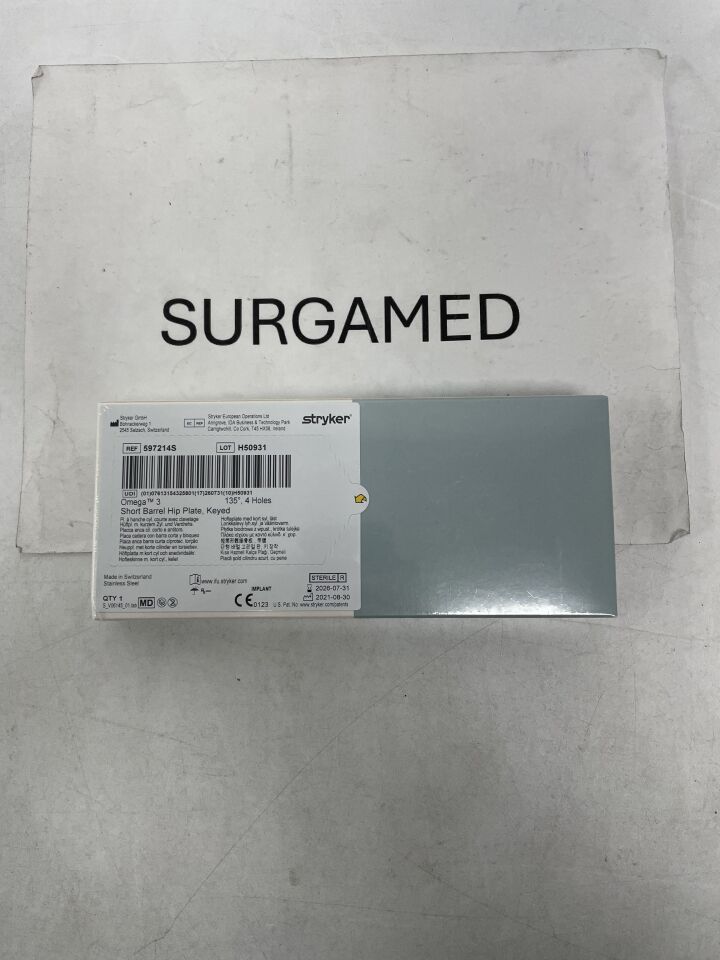 597214S - STRYKER - Omega3 Keyed Hip Plate, Short Barrel 4H / 135 Degree / 79mm, (BX/1)