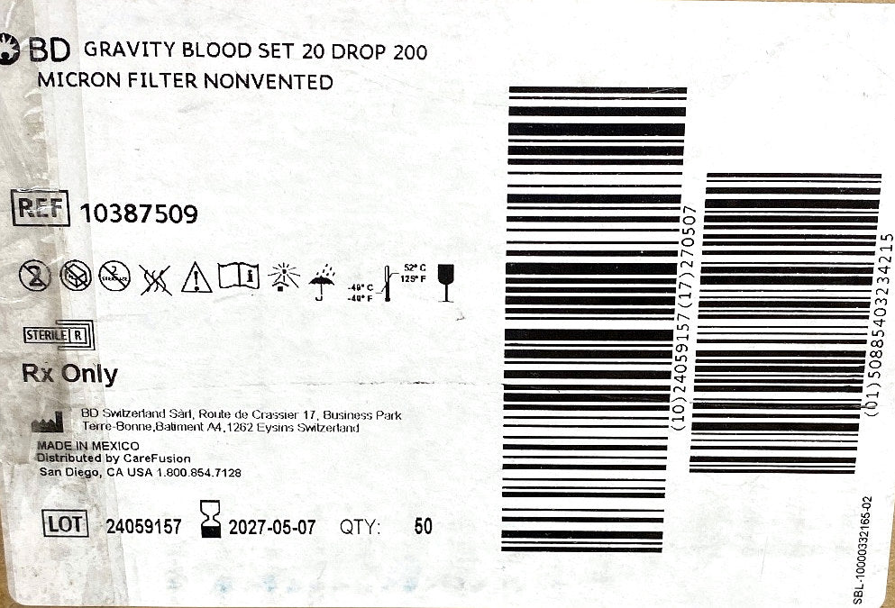 10387509 - BD - Gravity Blood Set, 200 Micron Filter Nonvented 267 cm (105 in), (CS/50)