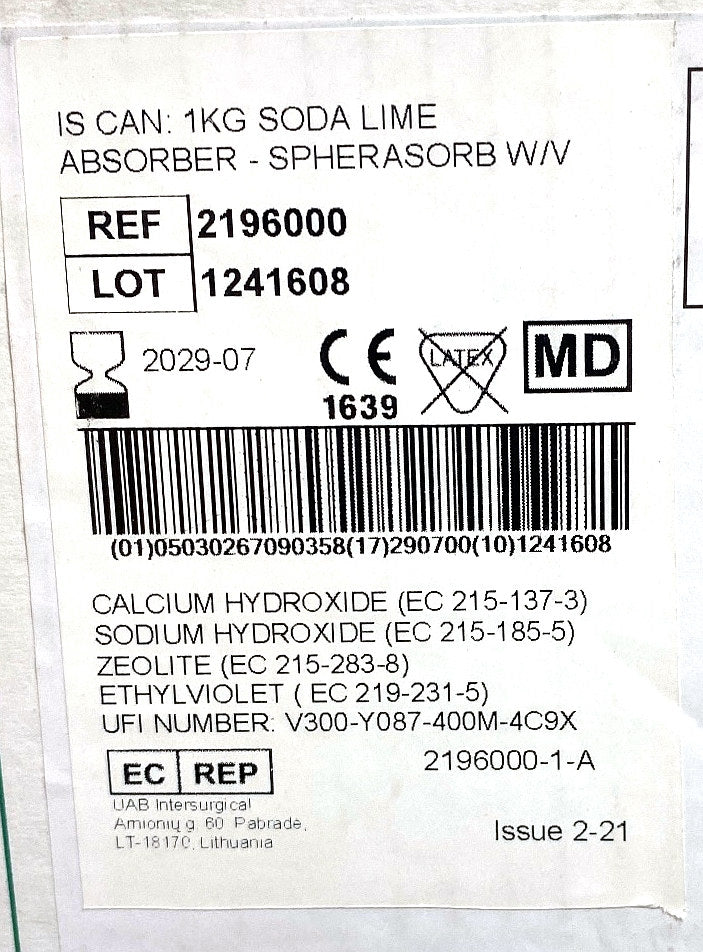 2196000 - INTERSURGICAL - IS CAN: 1KG SODA LIME ABSORBER - SPHERASORB W/V, (BX/6)