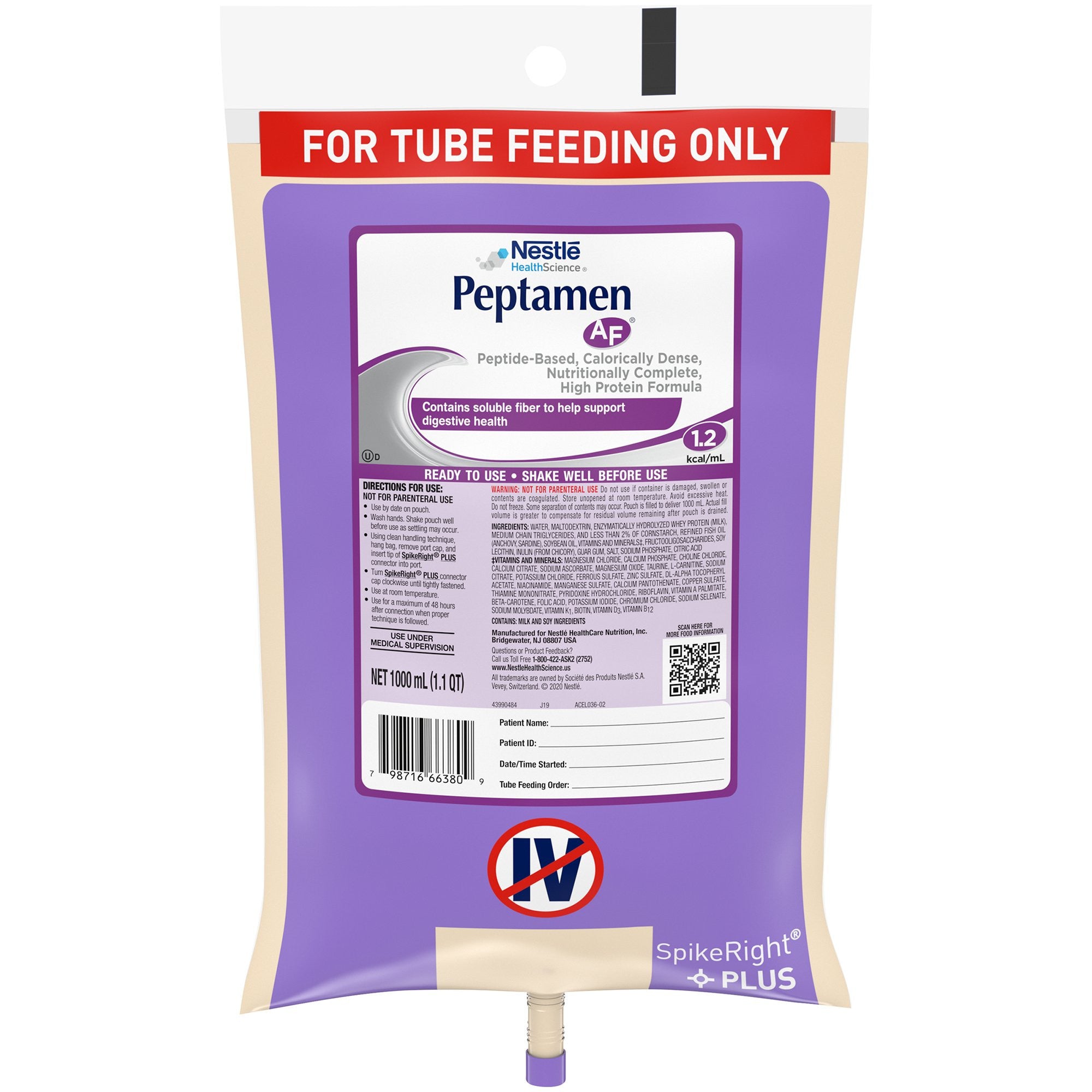 664066 - Peptamen - Peptamen AF Tube Feeding Formula Unflavored Liquid 1000 mL Ready to Hang Prefilled Container, Case of 6, (CS)