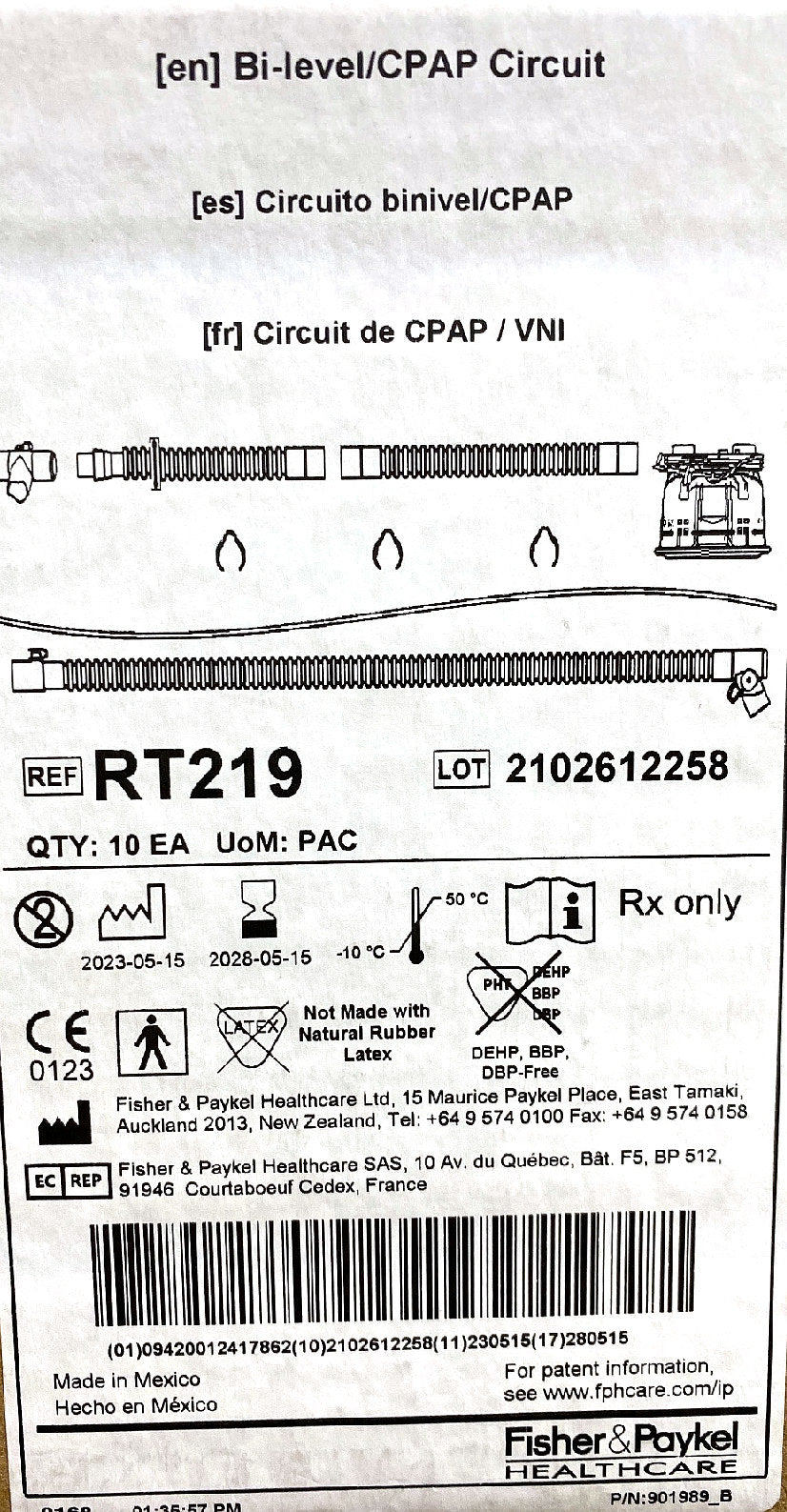 RT219 - FISHER & PAYKEL - Bi-level/CPAP circuit, (BX/10)