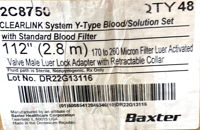 2C8750 - BAXTER - Clear link system y type blood solution set whit standard blood filter, (BX/48)