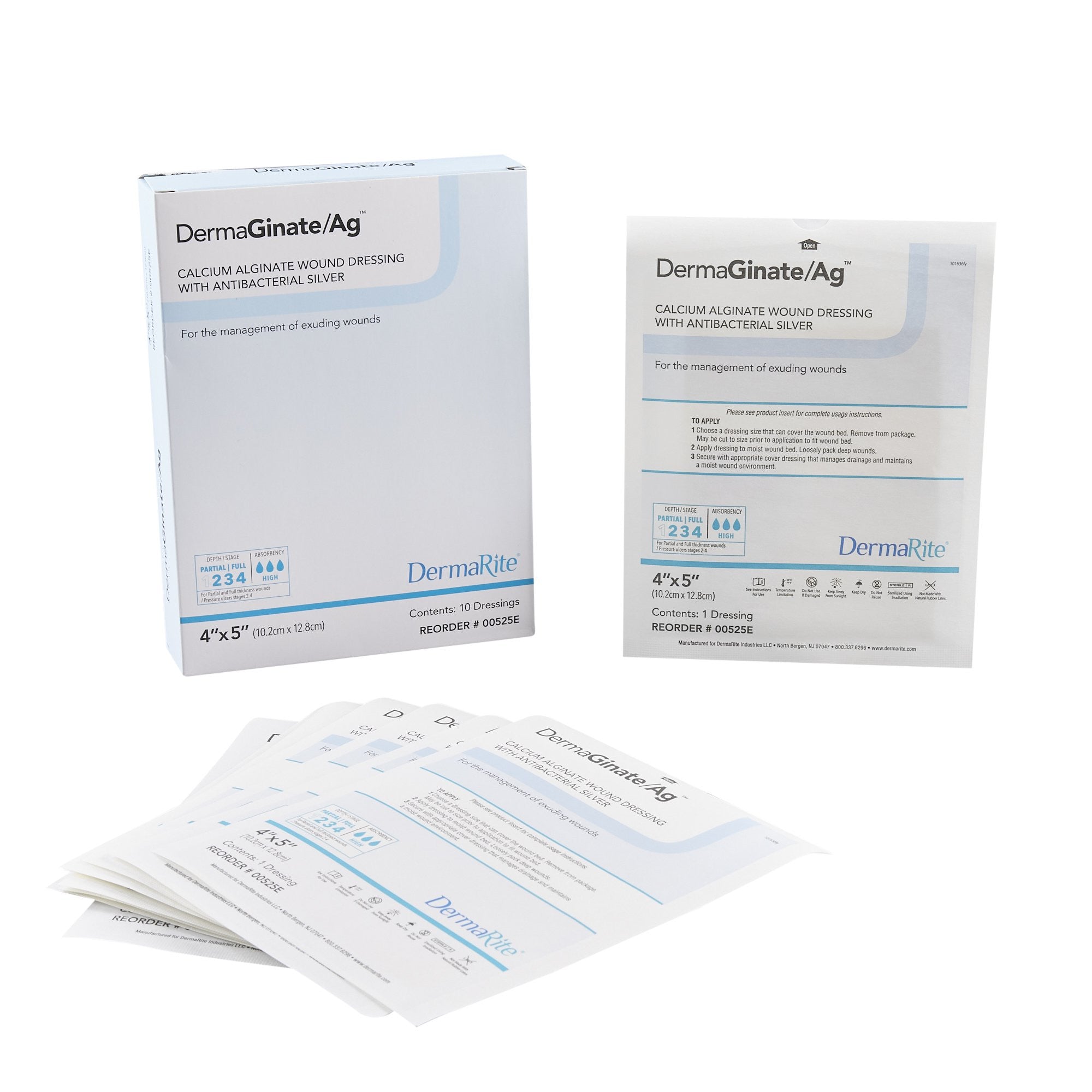 722215 - Derma - DermaGinate/ Ag Silver Alginate Dressing 4 X 5 Inch Rectangle Sterile, 00525E, Pack of 1, (EA)