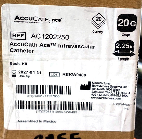 AC1202250 - BARD - AccuCath ACE 20G 2.25โ, Basic Kit, (CS/20)