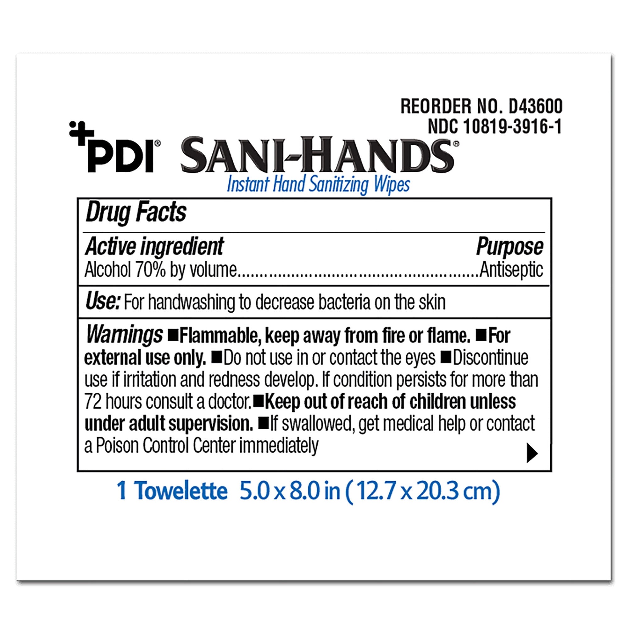 642392 - Sani - Hand Sanitizing Wipe Sani-Hands Ethyl Alcohol Wipe Individual Packet D43600 - Each/1, (EA)