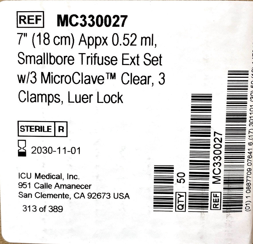 MC330027 - ICU MEDICAL - 7" (18 cm) Appx 0.52 ml, Smallbore Trifuse Ext Set w/3 MicroClave™ Clear, 3 Clamps, Luer Lock, (BX/50)