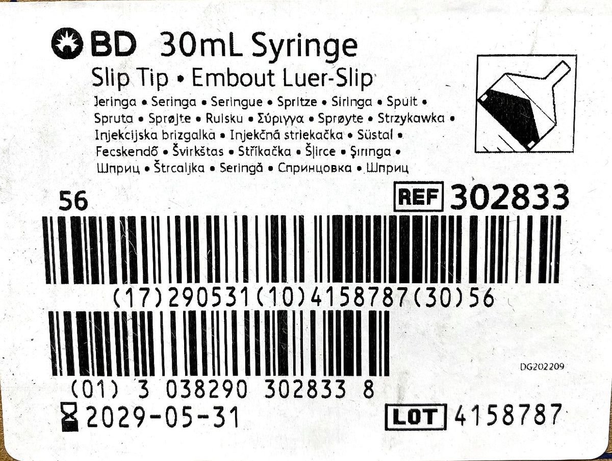 302833 - BD - SYRINGE 30ML LS S/C 56, (BX/56)