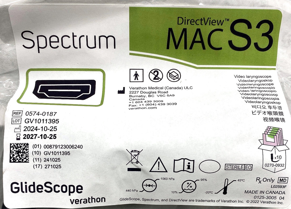 0574-0187 - VERATHON MEDICAL - GlideScope® Spectrum™ DirectView™ MAC S3, (EA/1)