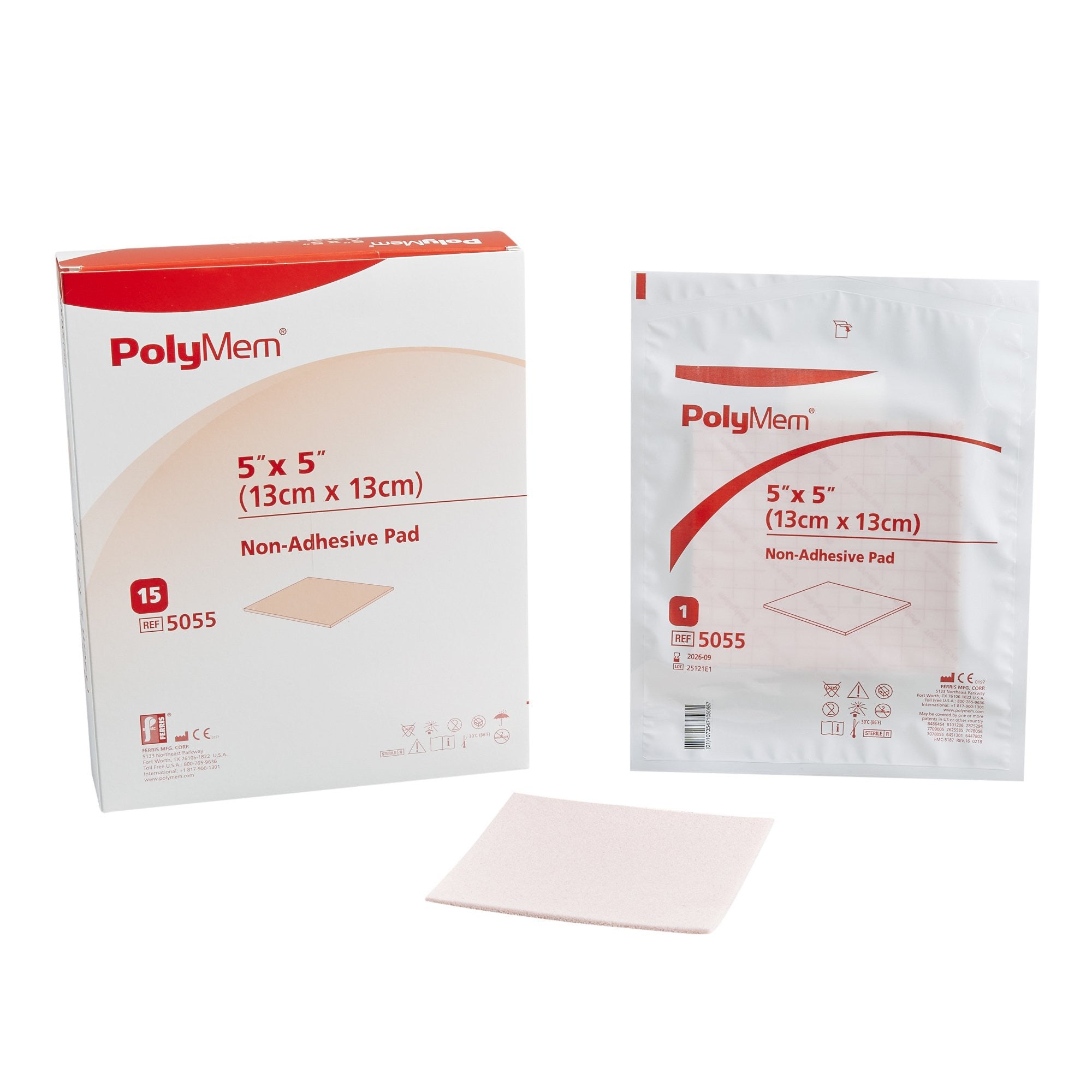 258751 - PolyMem - PolyMem Foam Dressing 5 X 5 Inch Without Border Film Backing Nonadhesive Square Sterile, 5055, Box of 15, (BX)