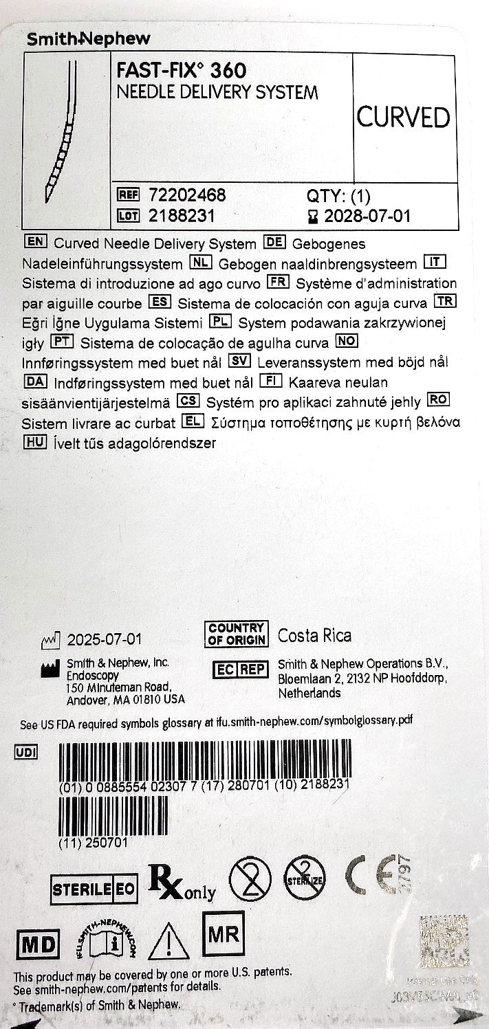 72202468 - SMITH & NEPHEW - FAST-FIX 360 CURVED MENISCAL REPAIR SYSTEM, (BX/1)