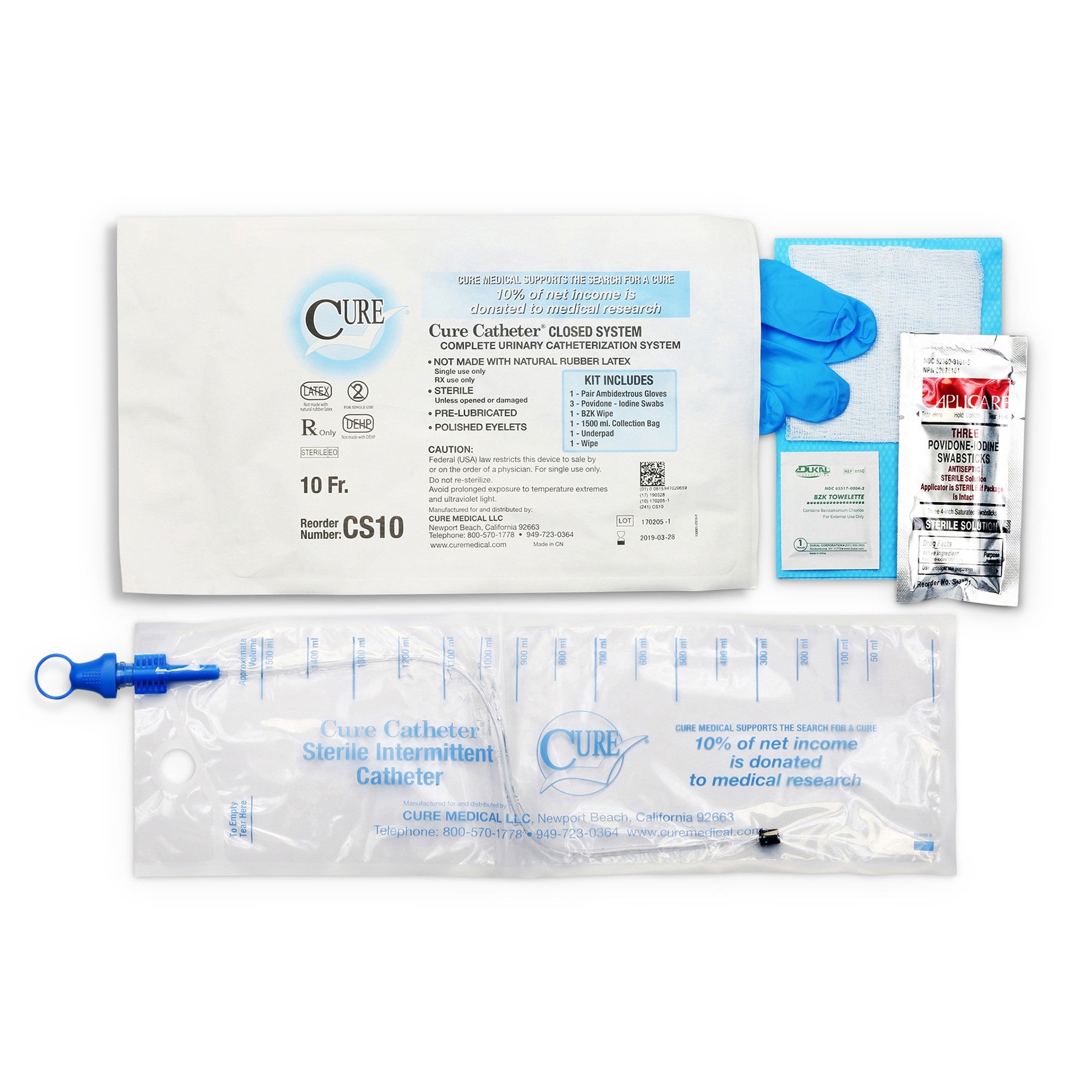 701375 - Cure - Intermittent Catheter Tray Cure Catheter Closed System Unisex, Straight Tip 10 Fr. Without Balloon CS10 Pack of 1, (EA)