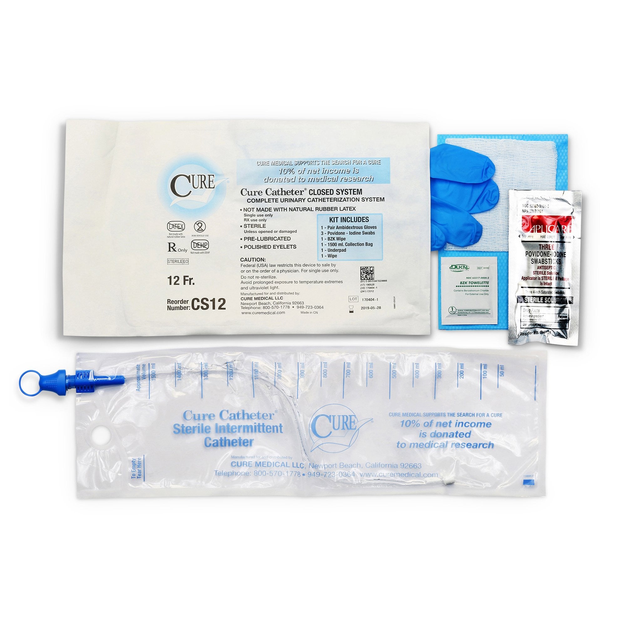701376 - Cure - Intermittent Catheter Tray Cure Catheter Closed System Unisex, Straight Tip 12 Fr. Without Balloon CS12 Case of 100, (CS)