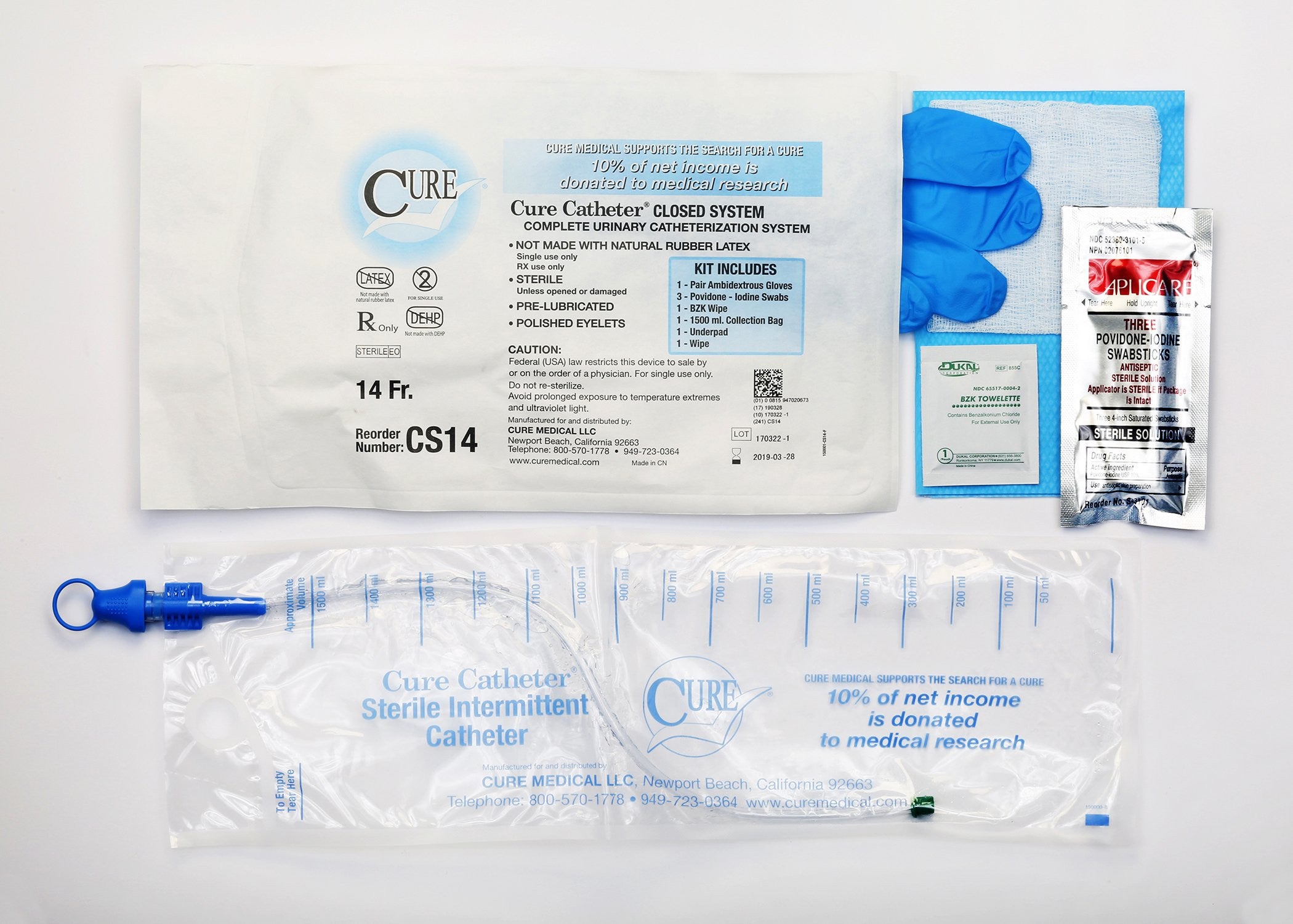 701377 - Cure - Cure Catheter Closed System Unisex Intermittent Catheter Tray with 1.5L Collection Bag, 14 Fr., Case of 100, (CS)