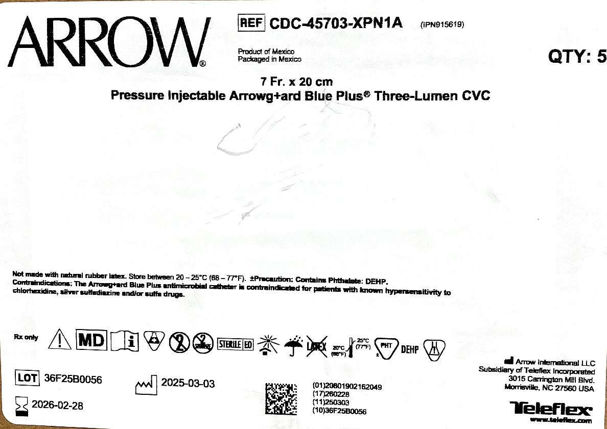 IPN915619 - ARROW - Pressure Injectable Arrowg+ard Blue Plus(R) Three-Lumen CVC, (BX/5)