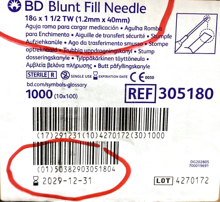 305180 - BD - Blunt fill needles, (CS/1000)