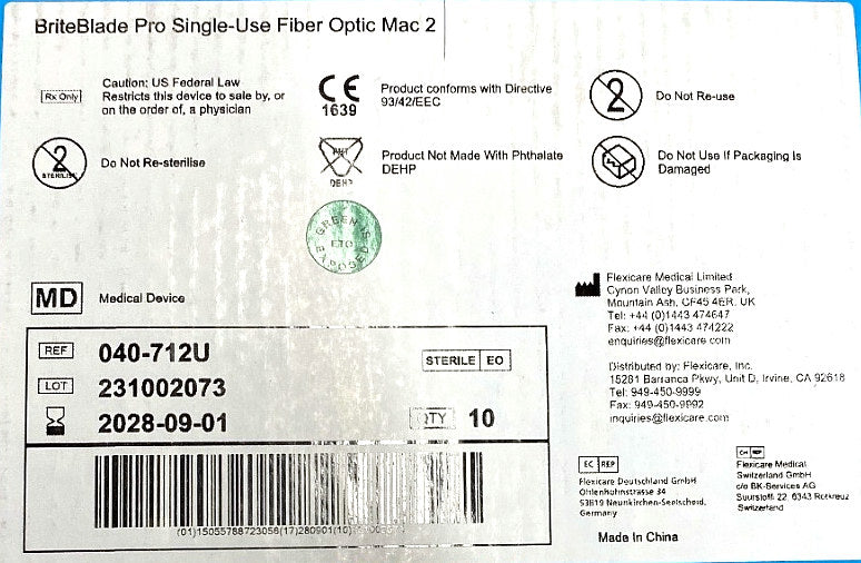 040-712U - FLEXICARE - Brute blade pro -single use fiber optic Mac 2, (BX/10)