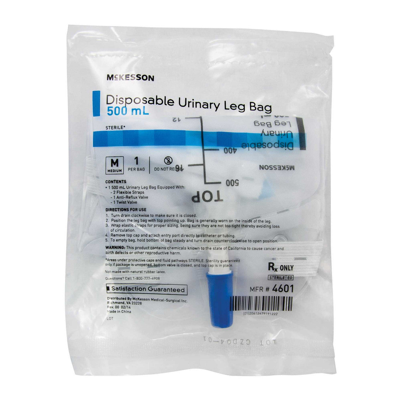 854582 - McKesson - McKesson Urinary Leg Bag with Anti-Reflux Valve and Vinyl Straps, without Tubing, without Sample Port, 500 mL, Case of 48, (CS)