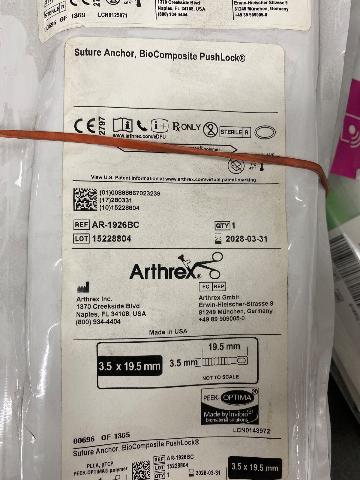 AR-1926BC - ARTHREX - PushLock Biocomposite Suture Anchor, 2.9 dia. x 15.5 mm Length, (EA/1)