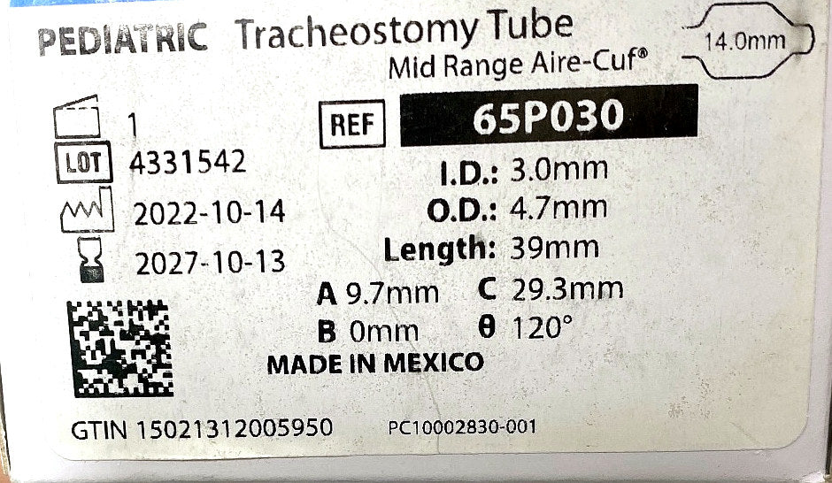 65P030 - SMITHS MEDICAL - Aire-Cuf Neonatal and Pediatric Trach Tube - Aire-Cuf Tracheostomy Tube, Neonatal, 3.0 mm, (BX/1)