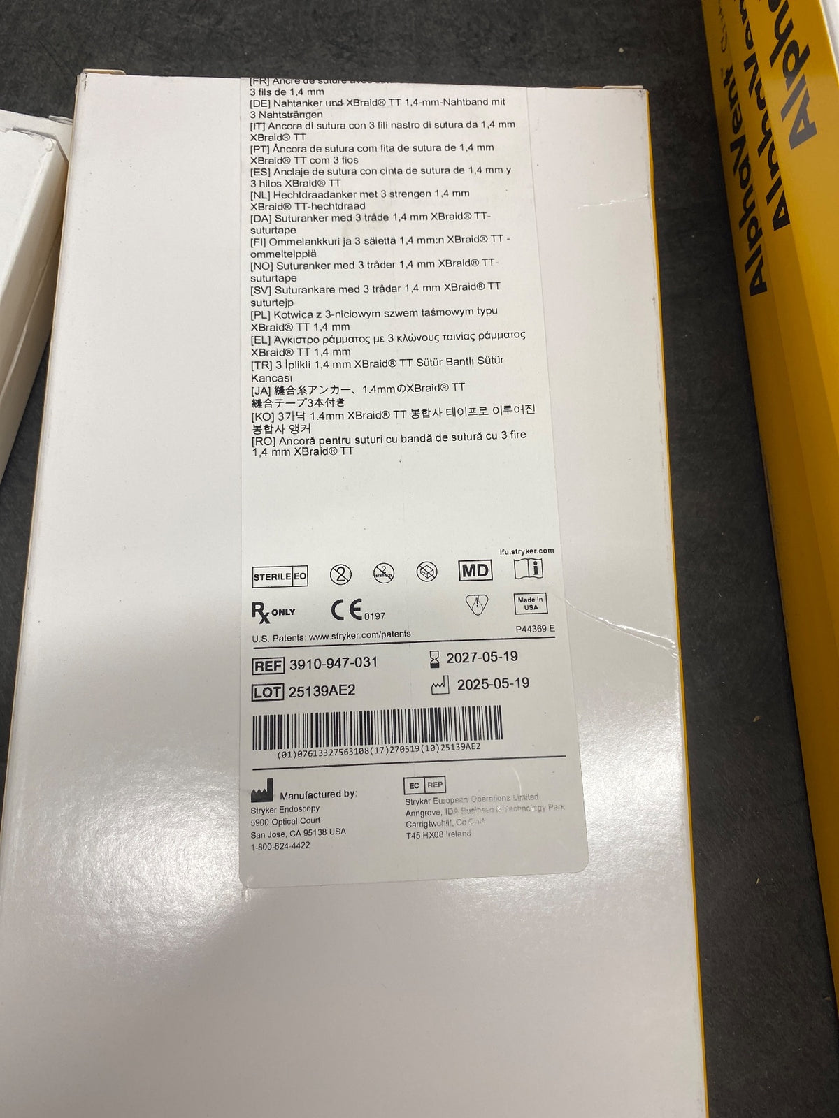 3910-947-031 - STRYKER - ALPHAVENT SUTURE ANCHOR 4.75MM PEEK, SUTURE ANCHOR WITH 3 STRANDS 1.4MM XBRAID TT SUTURE TAPE, (BX/1)