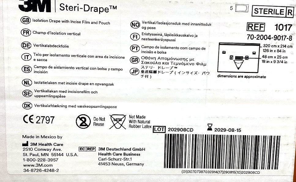 1017 - 3M - 3M™ Steri-Drape™ Isolation Drape with Incise Film and Pouch 1017, (BX/5)