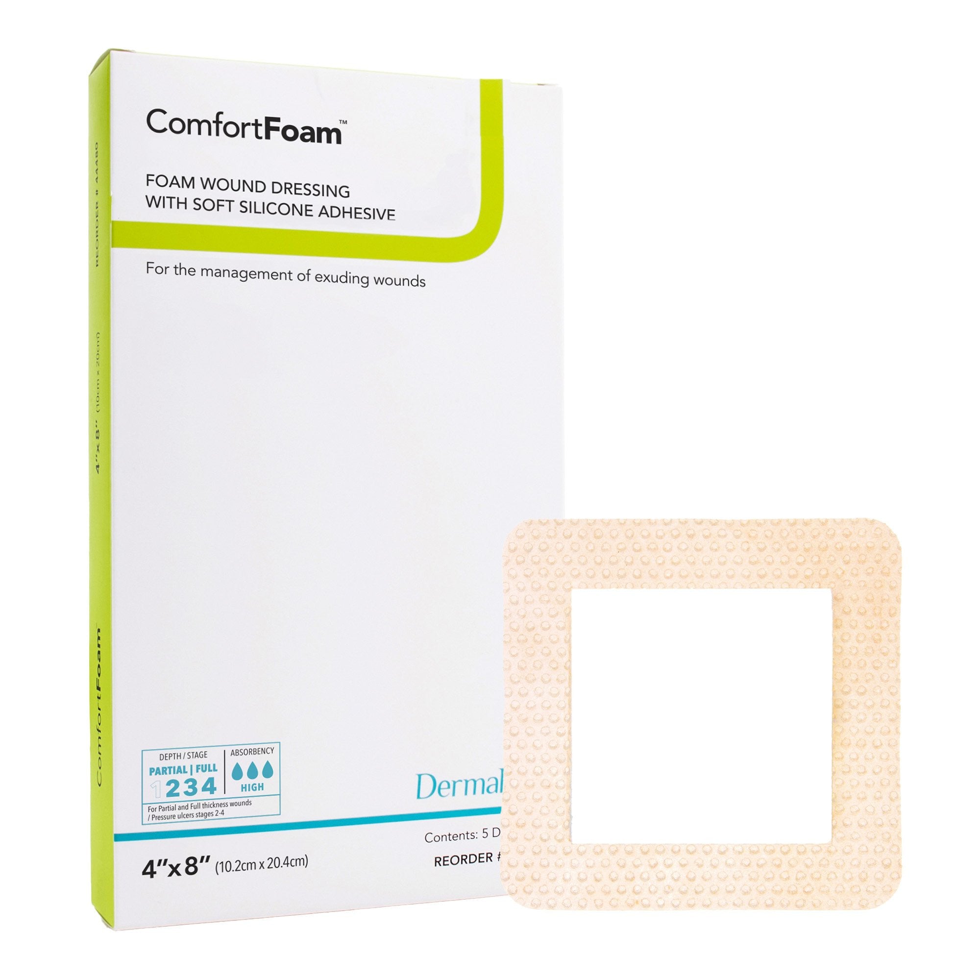 946494 - Comfort - ComfortFoam Border Foam Dressing 4 X 8 Inch With Border Waterproof Backing Silicone Adhesive Rectangle Sterile, 43480, Box of 5, (BX)