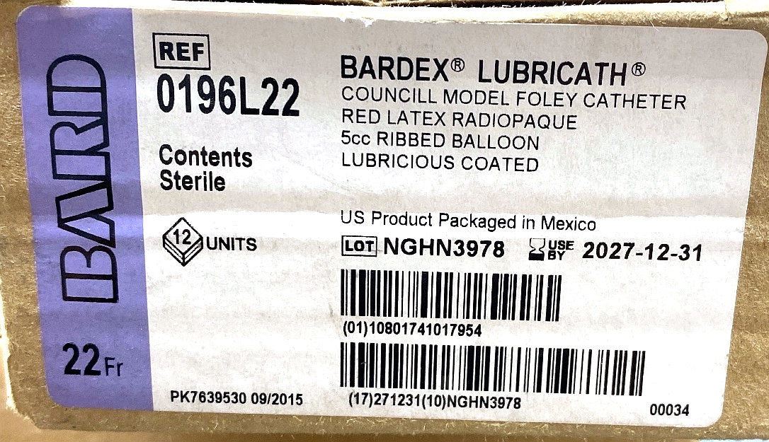 0196L22 - BARD - Bardex® Lubricath® Councill Model Foley Catheter Red Latex Radiopaque 5cc Balloon Lubricious Coated, (BX/12)