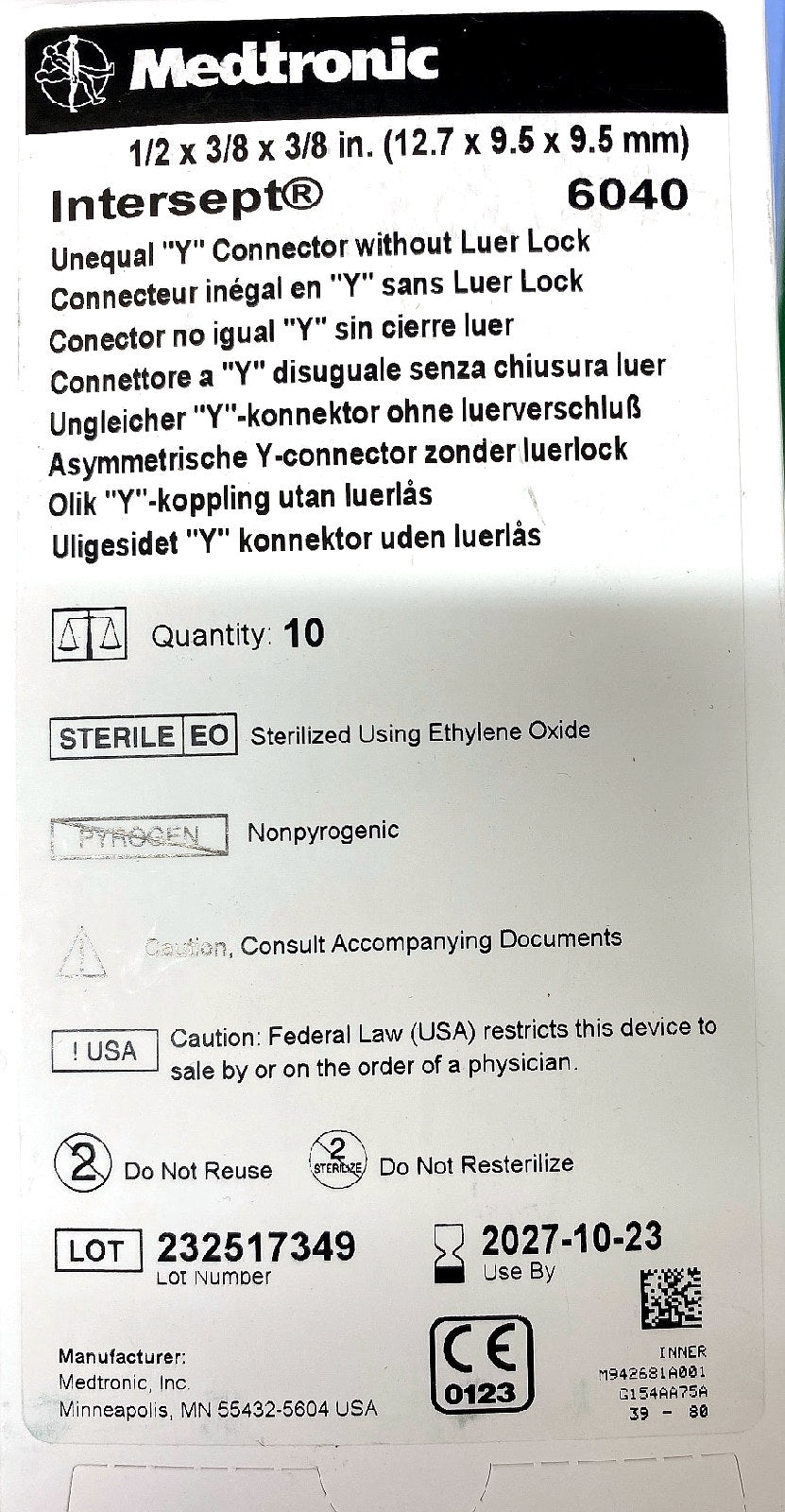 6040 - MEDTRONIC - Unequal y connector whitout Luer lock, (BX/10)