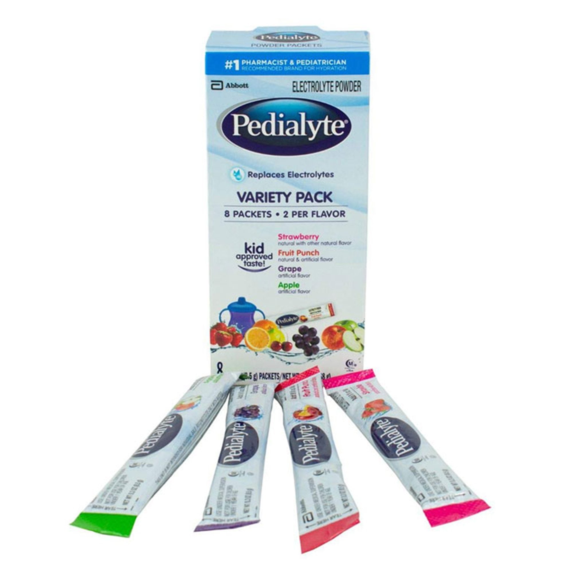 843442 - Pedialyte - Oral Electrolyte Solution Pedialyte Powder Packs Fruit Punch / Grape / Apple / Strawberry Flavor 0.3 oz. Electrolyte 56090 Box of 8, (BX)