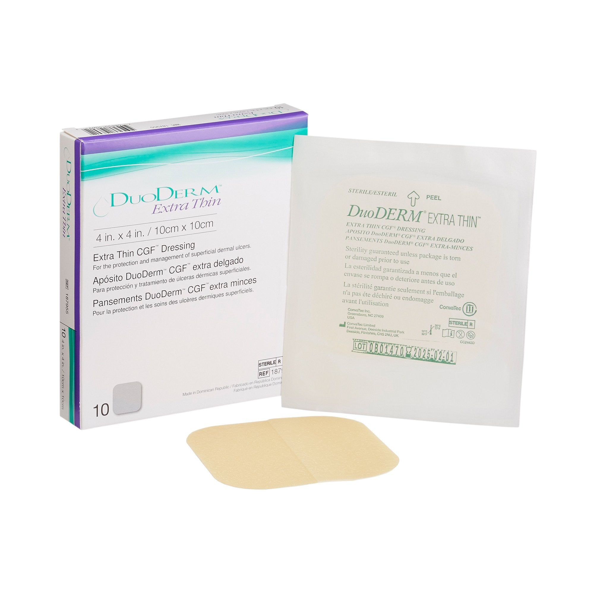 187664 - DuoDERM - DuoDERM Extra Thin CGF Thin Hydrocolloid Dressing Film Backing 4 X 4 Inch Square Hydrocolloid / Film, 187955, Box of 10, (BX)