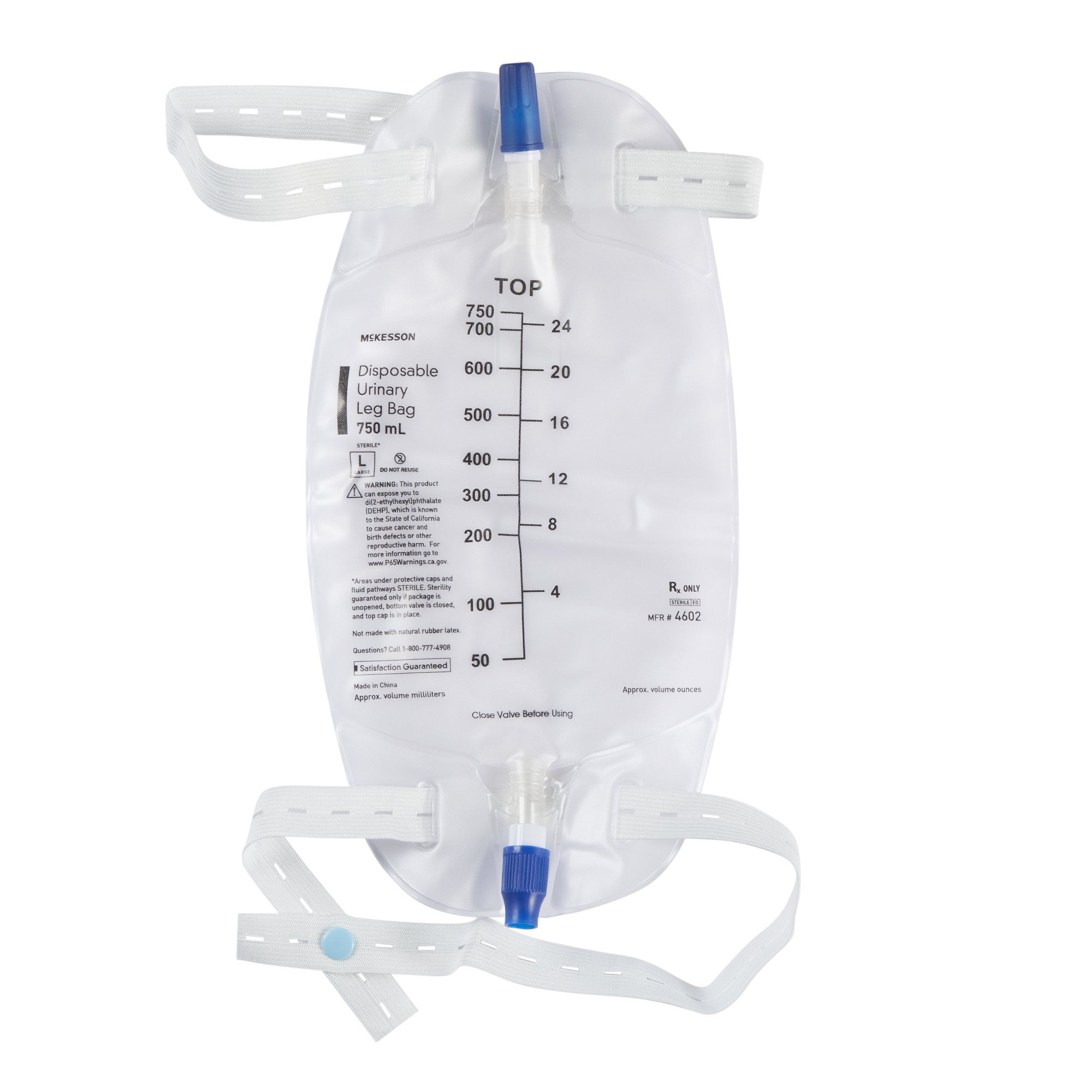 854583 - McKesson - McKesson Urinary Leg Bag with Anti-Reflux Valve and Vinyl Straps, without Tubing, without Sample Port, 750 mL, Case of 48, (CS)