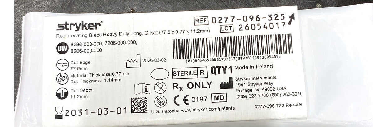 0277-096-325 - STRYKER - Reciprocating Blade Heavy Duty Long, Offset (77.6 x 0.77 x 11.2mm), (EA/1)
