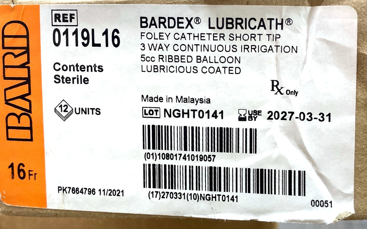 0119L16 - BARD - Bardex® Lubricath® Foley Catheter Short Tip 3 Way Continuous Irrigation 5cc Balloon Lubricious Coated, (BX/12)