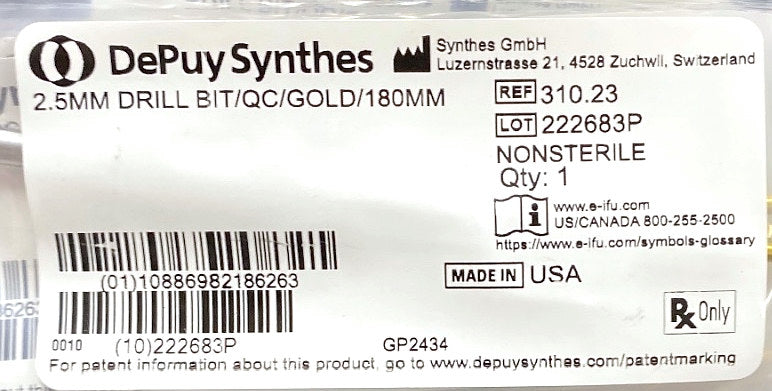 310.23 + 31023 - SYNTHES - 2.5MM DRILL BIT/QC/GOLD/180MM, (EA/1)