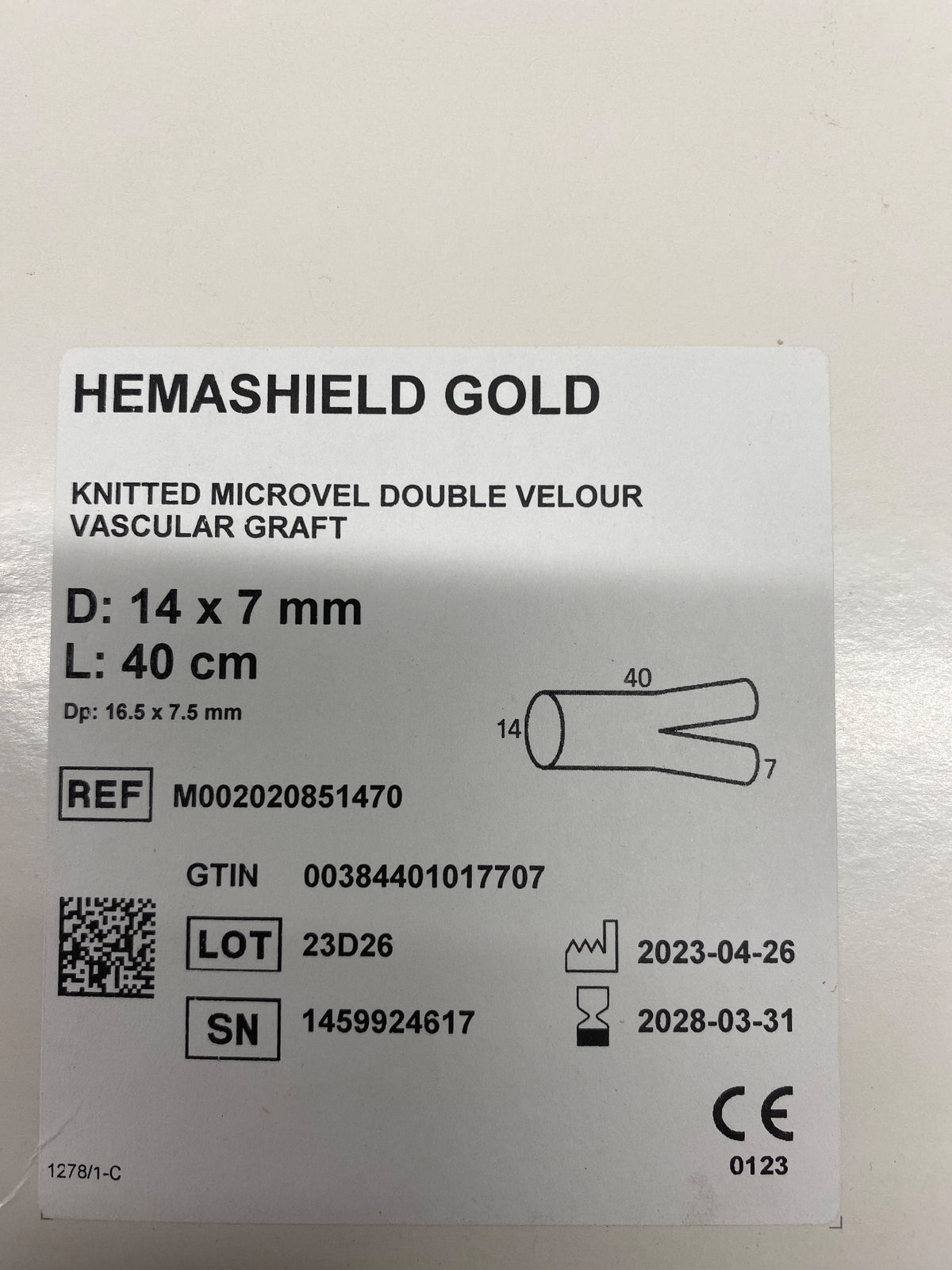 M002020851470 - INTERVASCULAR - Hemashield Gold Knitted Microvel Bifurcated Double Velour Vascular Graft with Graft Sizer Accessory, (BX/1)