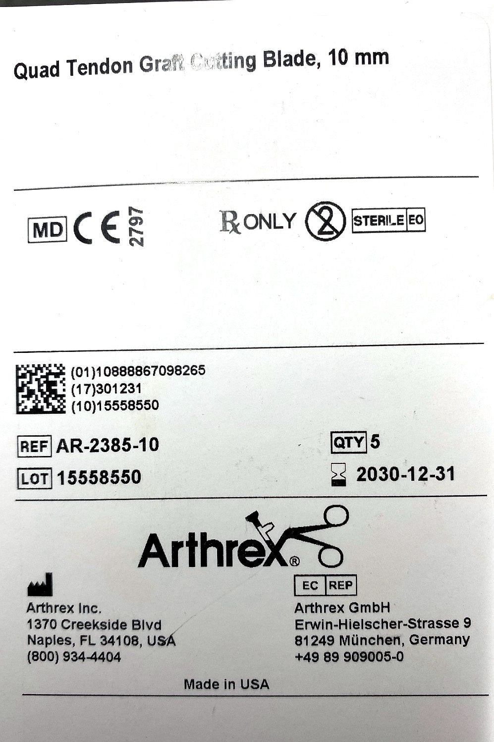 AR-2385-10 - ARTHREX - 10MM TENDON STRIPPER BLADE, (BX/5)