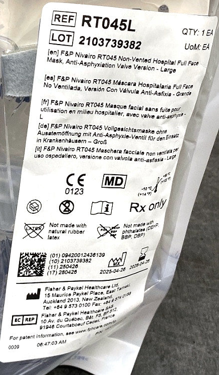 RT045L - FISHER & PAYKEL - Nivairo Non-Vented Hospital Full Face Mask Anti-Asphyxiation Valve Version - Large, (EA/1)