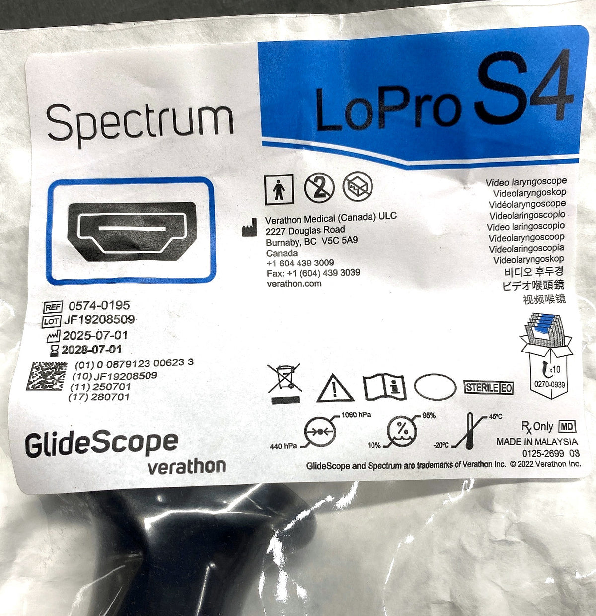 0574-0195 - VERATHON MEDICAL - GlideScope® Spectrum™ LoPro S4, (EA/1)