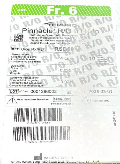 RSB604H - TERUMO - PINNACLE R/O II HiFlo Introducer Sheath with Radiopaque Marker, (BX/10)