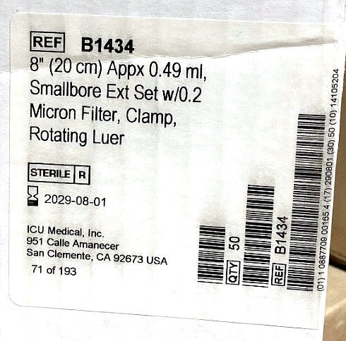 B1434 - ICU MEDICAL - Small bore ext set w/0.2 micro filter clamp, (BX/50)