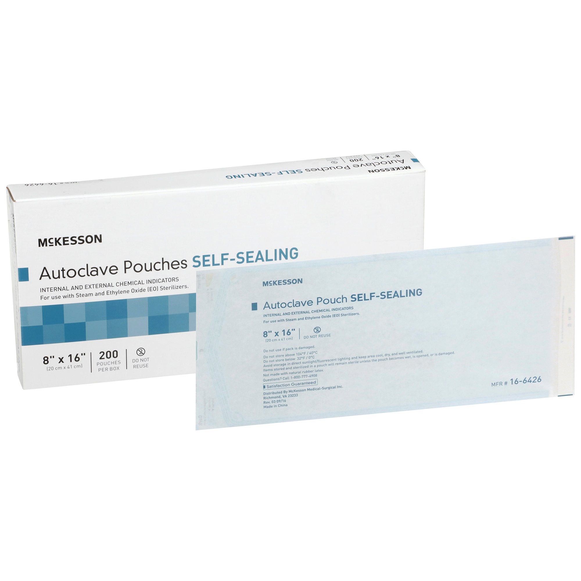 960946 - McKesson - Sterilization Pouch McKesson Ethylene Oxide (EO) Gas / Steam 8 x 16 Inch Transparent Blue / White Self Seal Paper / Film 16-6426 Case of 1000, (CS)