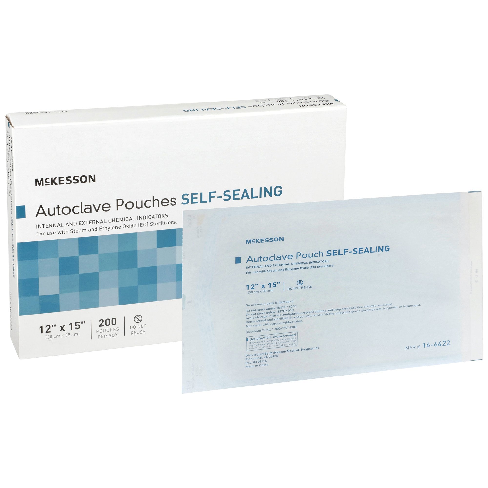 960947 - McKesson - Sterilization Pouch McKesson Ethylene Oxide (EO) Gas / Steam 12 x 15 Inch Transparent Blue / White Self Seal Paper / Film 16-6422 Case of 1000, (CS)