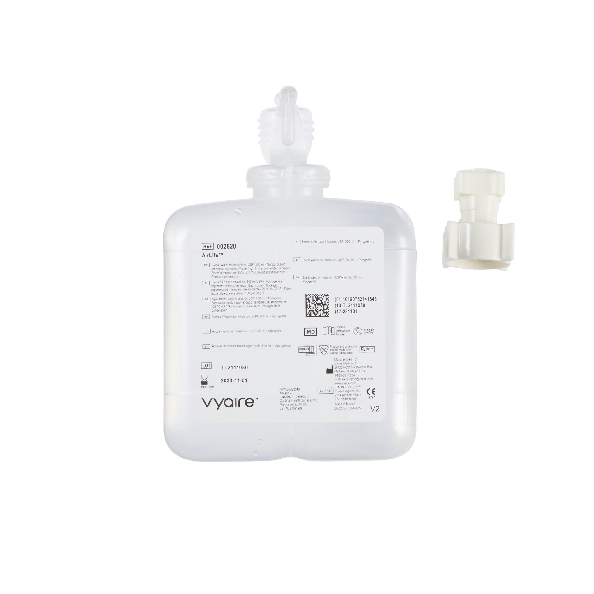 288711 - AirLife - AirLife Humidifier Bottle with Adapter 500 mL Sterile Water, 002620, Case of 12, (CS)