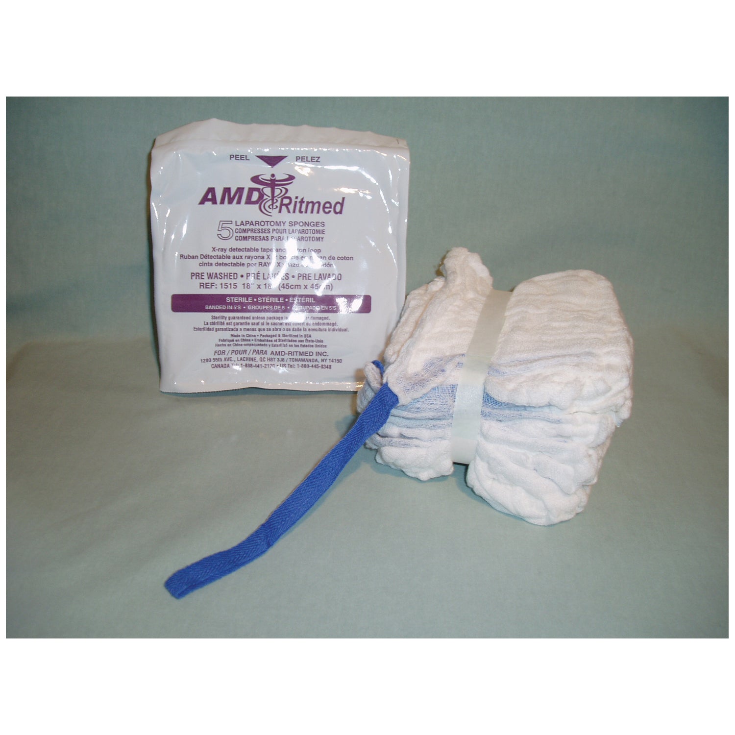 1515 - AMD-Medicom - Laparotomy Sponge, 18" x 18", 4-Ply, Prewashed, 5/pk, 40 pk/cs , cs