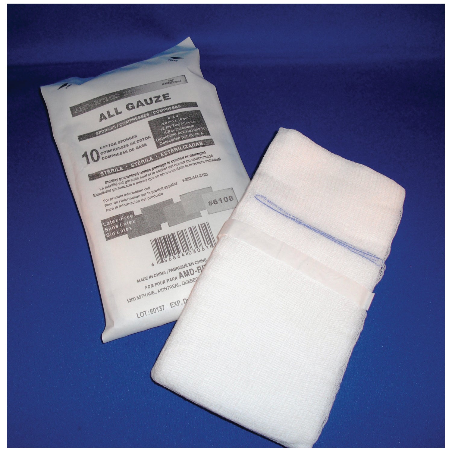 6108 - AMD-Medicom - Sponge, X-Ray Detectable, Gauze, Sterile, 8" x 4", 10/pk, 100 pk/cs , cs