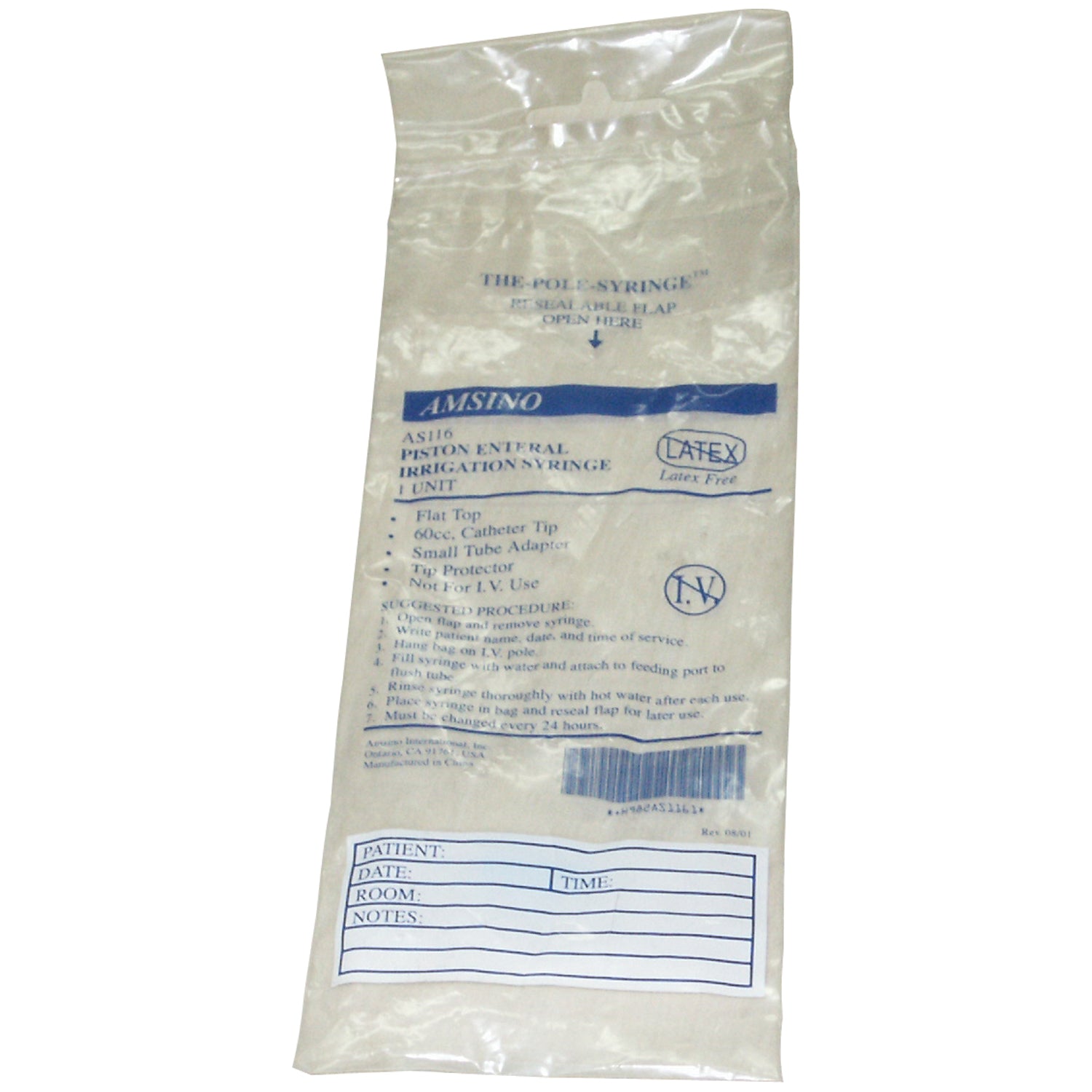AS116 - Amsino International, Inc. - 60cc Syringe, Catheter Tip, Flat Top with Small Tip Adapter, Packed in Resealable IV Pole Bag, 30/cs (125 cs/plt) , cs
