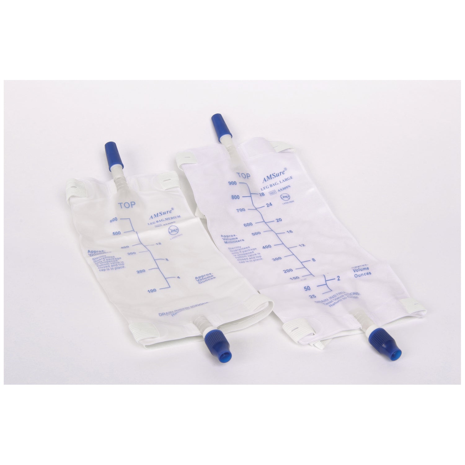 AS308N - Amsino International, Inc. - Bolsa de pierna, 600 ml, mediana, drenaje inferior, válvula antirreflujo con válvula de giro con 2 correas preensambladas sin látex (LF), vía de fluido estéril, 48/caja (85 cajas/plt)