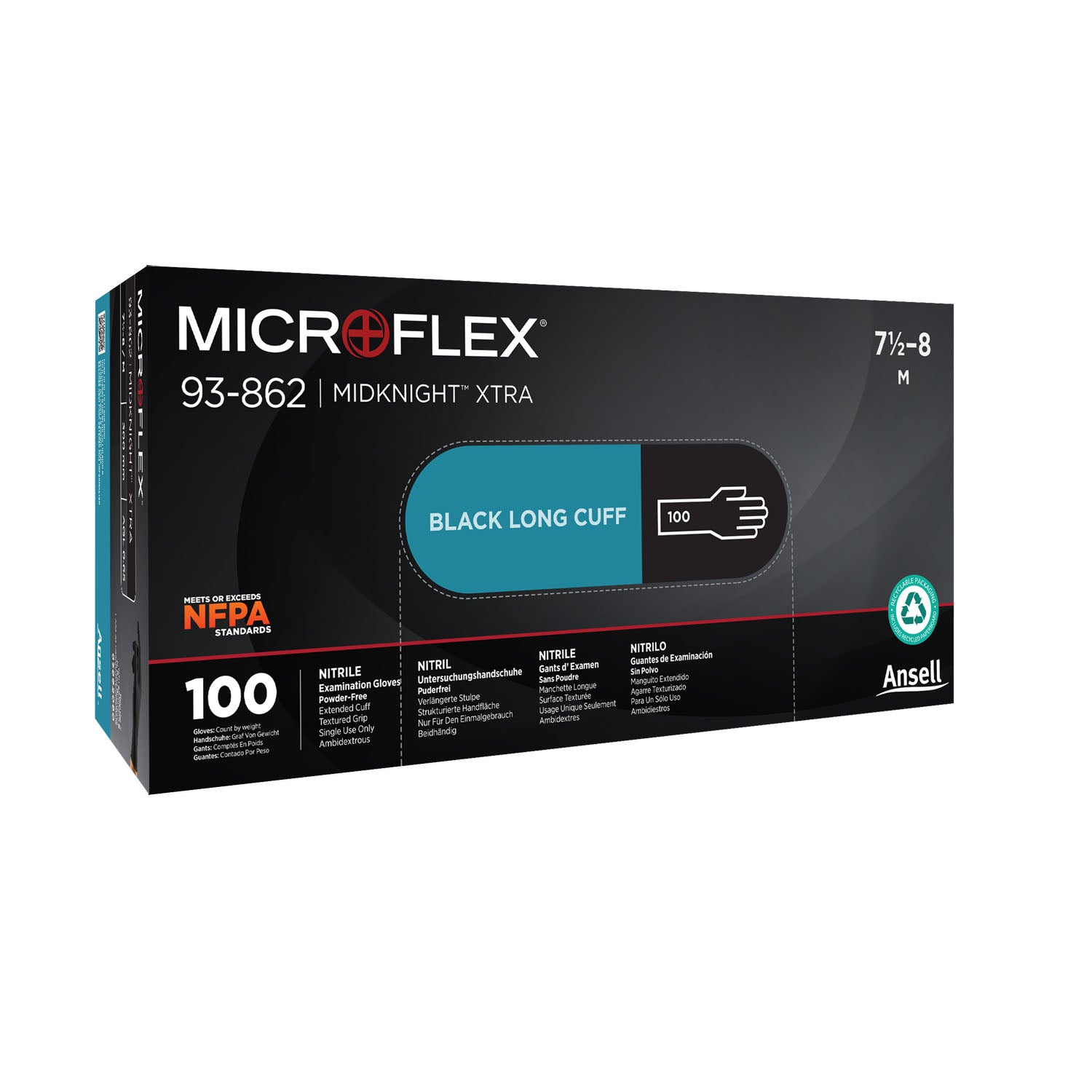 93862080 - Ansell - XTRA Laboratory Gloves, PF Nitrile, Textured, Black, Medium, 100/bx, 10 bx/cs (US Only) , cs