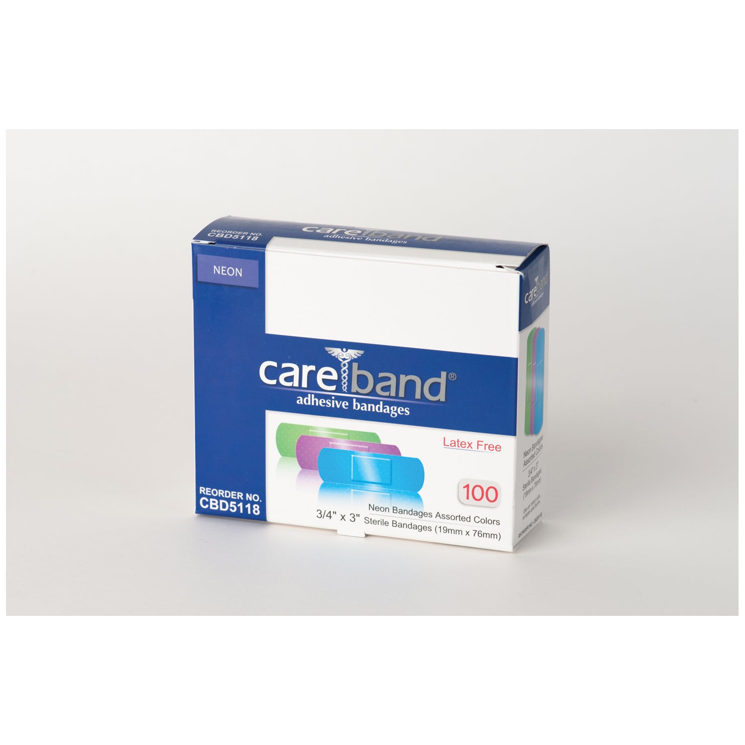 CBD5118 - ASO, LLC - Tiras adhesivas de plástico, ¾" x 3", neón, sin látex (LF), 100/caja, 12 cajas/caja